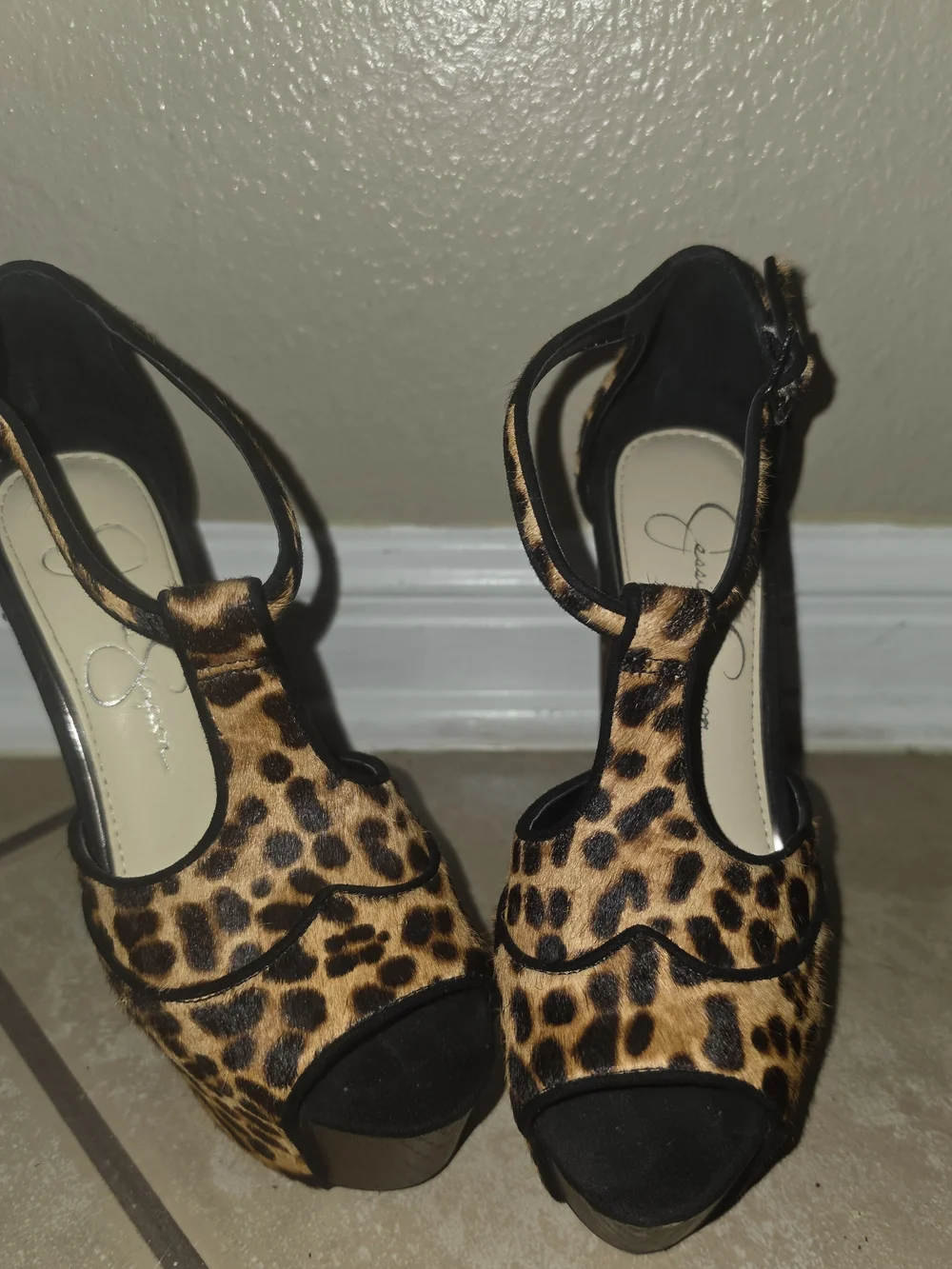 Jessica Simpson Leopard-Pattern Platform T-Strap Heels in Tan and Black, LEOPARD